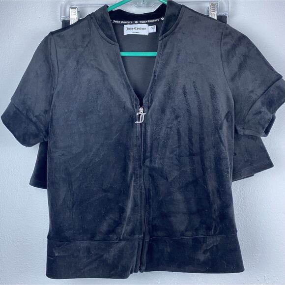 2 Pc Juicy Couture Sz S Black Velour Y2K Full Zip SS Top Pull On Twirl Skirt Seq - Picture 2 of 13